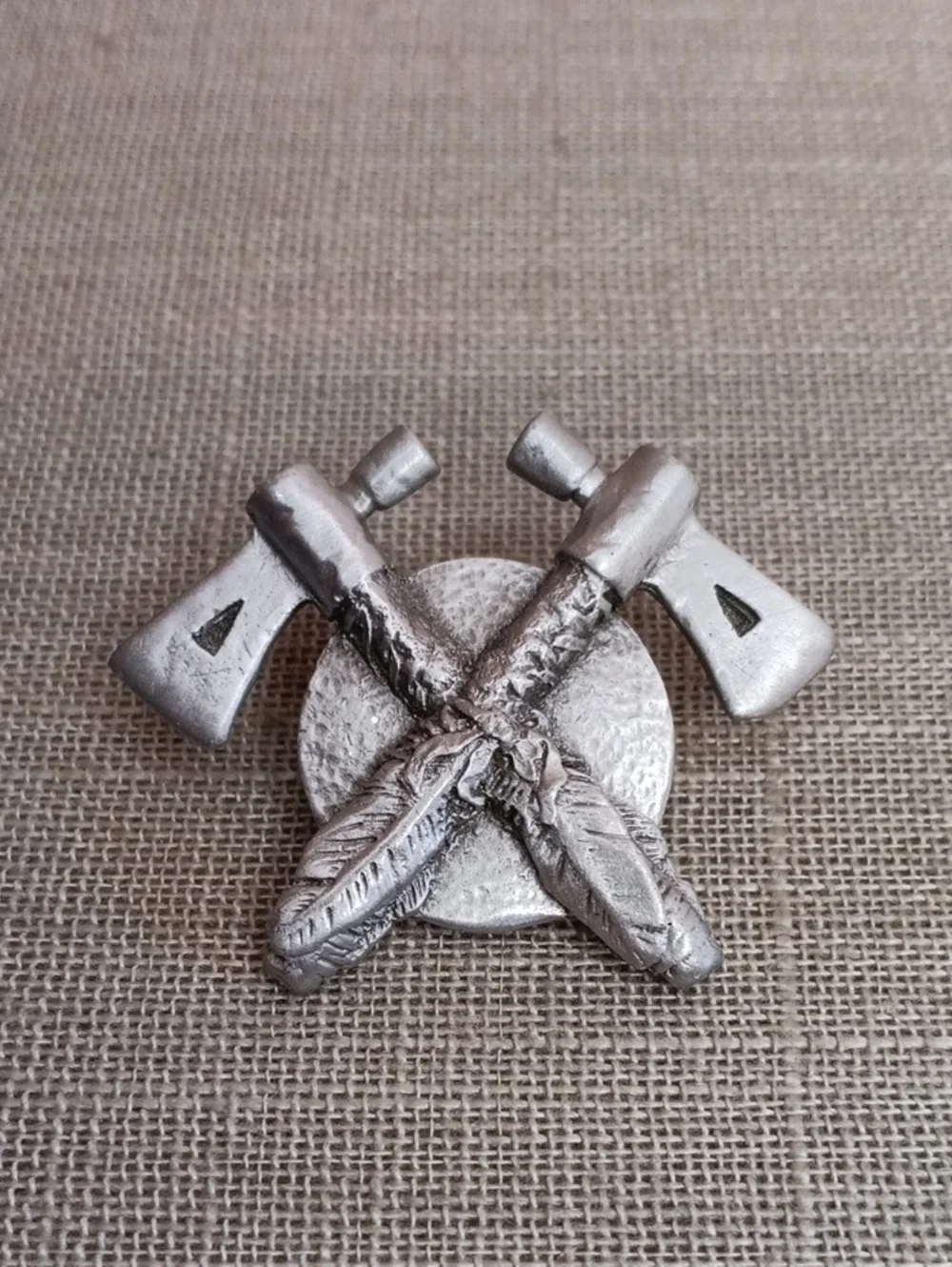 Silver Pewter Tomahawk and Feather Bolo Tie Center No Cord Vintage 1995